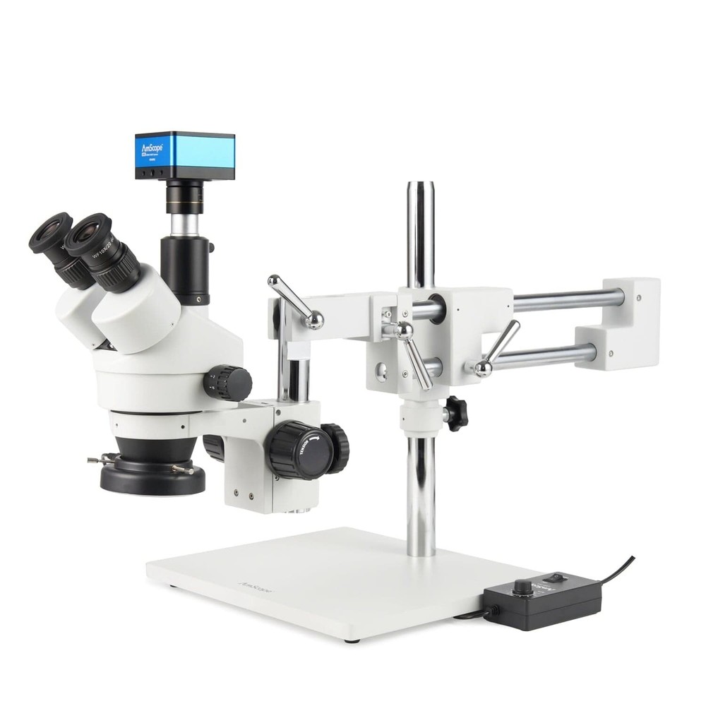 AmScope 7X-90X Trinocular Stereo LED Microscope+2-Arm Boom+4K 8MP HDMI Camera