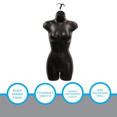 Female Molded Black Plastic Torso Form with Hook – Fits Women’s Size 5-10