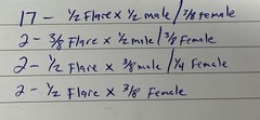 Many 1/2 and 3/8 flare fittings for gas connections, appliance connections..
