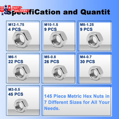 145 PCS Assorted Stainless Steel Hex Nuts Assortment Kit M3 M4 M5 M6 M8 M10 M12
