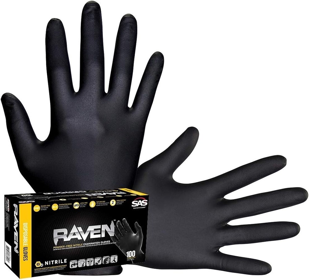 SAS Raven Black Nitrile Gloves Powder Free 7mil Version S-2XL (10/Boxes of 100)