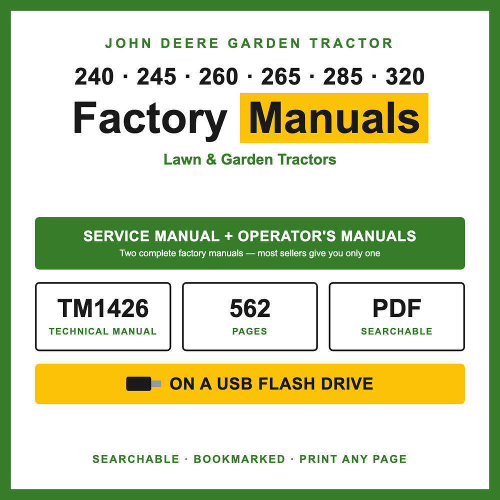 John Deere 240 245 260 265 285 320 Tractor Service & Operator Manuals TM1426 USB