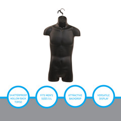 Male Molded Black Hollowback Torso Form – Fits Men’s Sizes S-L