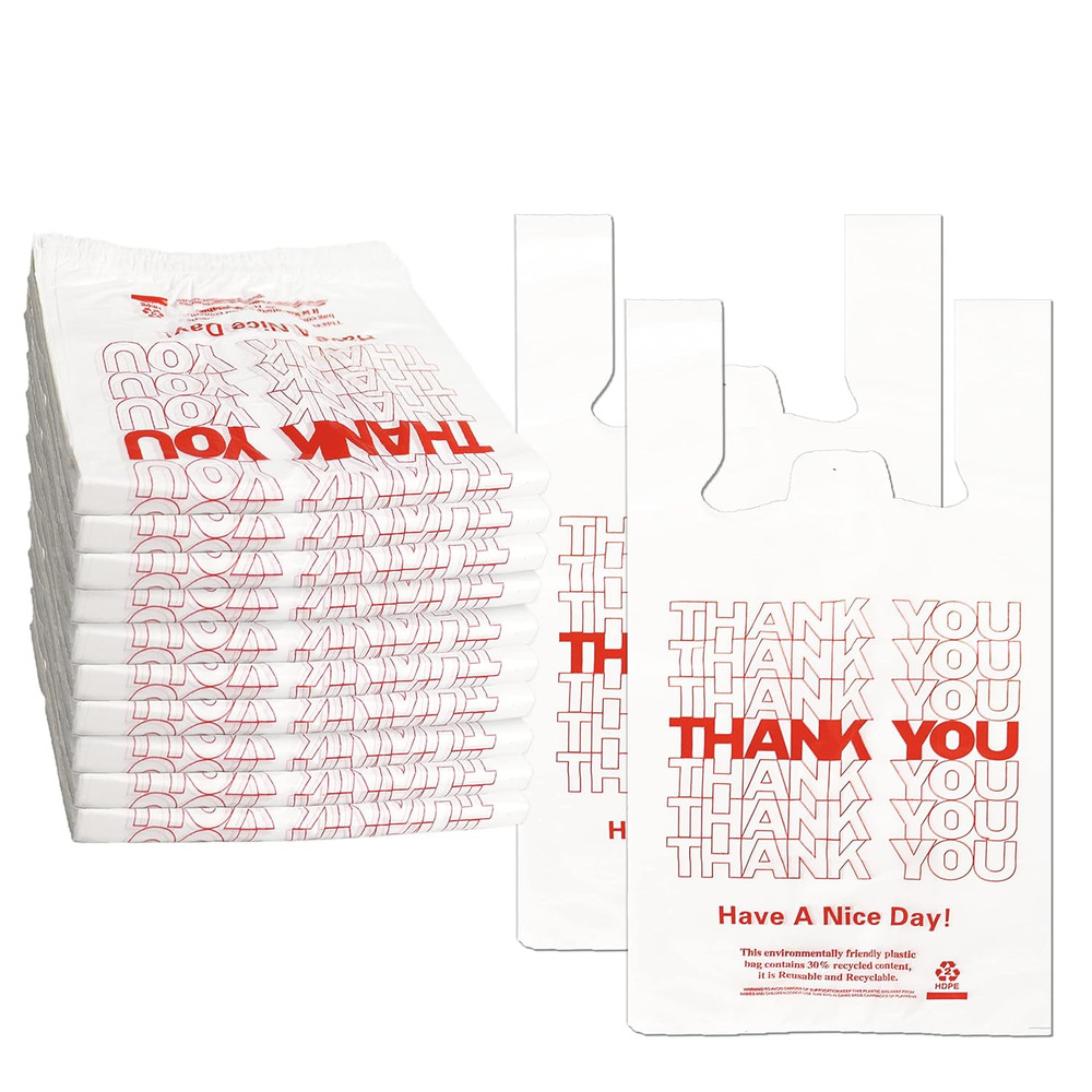 1000 Count White Disposable Thank You Bags with Handles – 11”X6”X21” Plastic