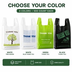 500 Count Plastic T-Shirt Bags, 11″ X 6″ X 21″, White-Green Tree, Grocery & Take
